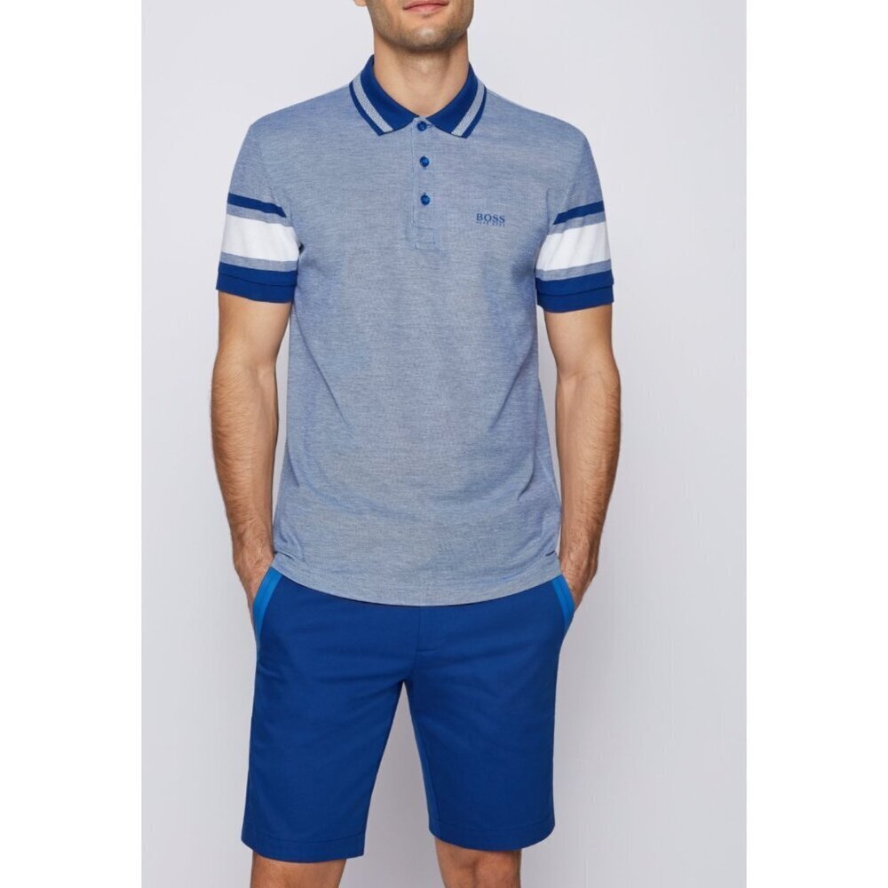 BOSS Men's regular-fit Paddy polo shirt blue cotton blend with white & blue sz L